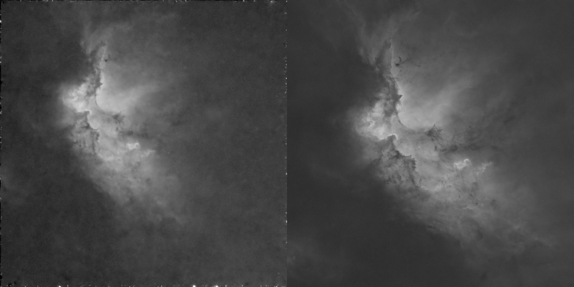 NGC 7380 in Ha. Left is Redcat 51 cropped down. Right is AT115EDT.