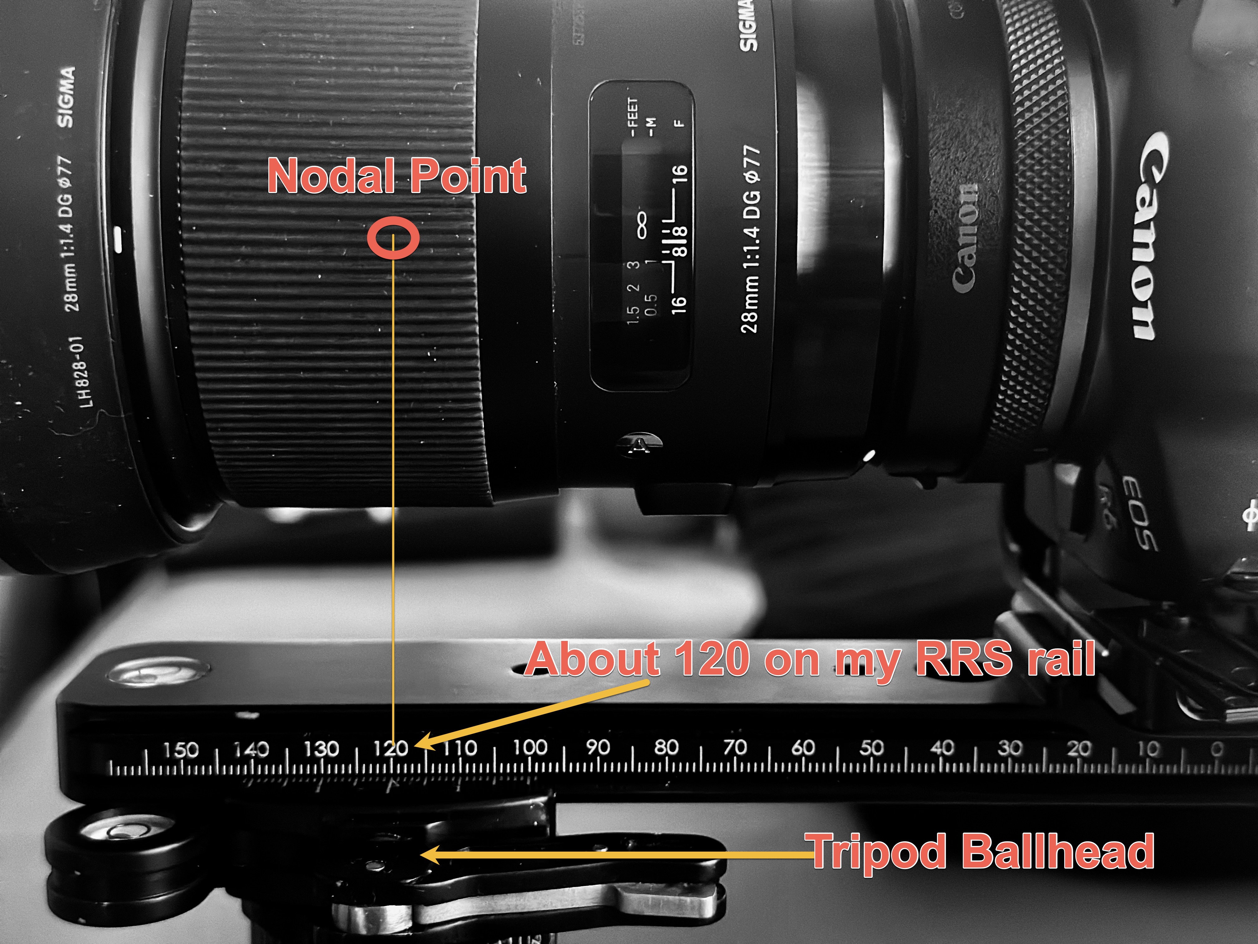 My Sigma 28mm on the Really Right Stuff (RRS) nodal rail.  The nodal rail allows the nodal point of your lens to sit directly above the tripod head.