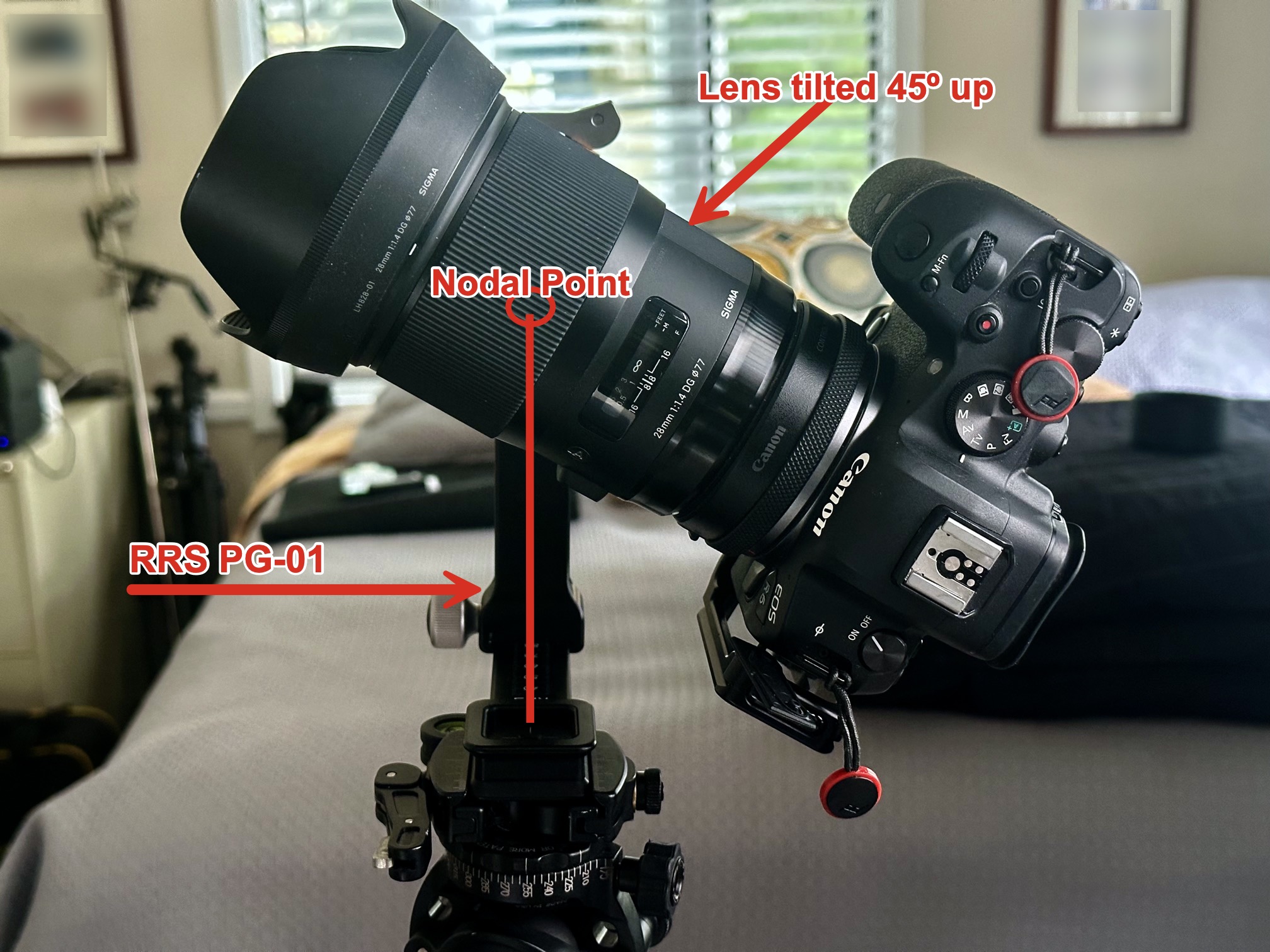 My Sigma 28mm f1.4 on the RRS PG-01 Panorama Head. Notice how the lens is now pointed up towards the sky, but the nodal point is still in line with the tripod head.