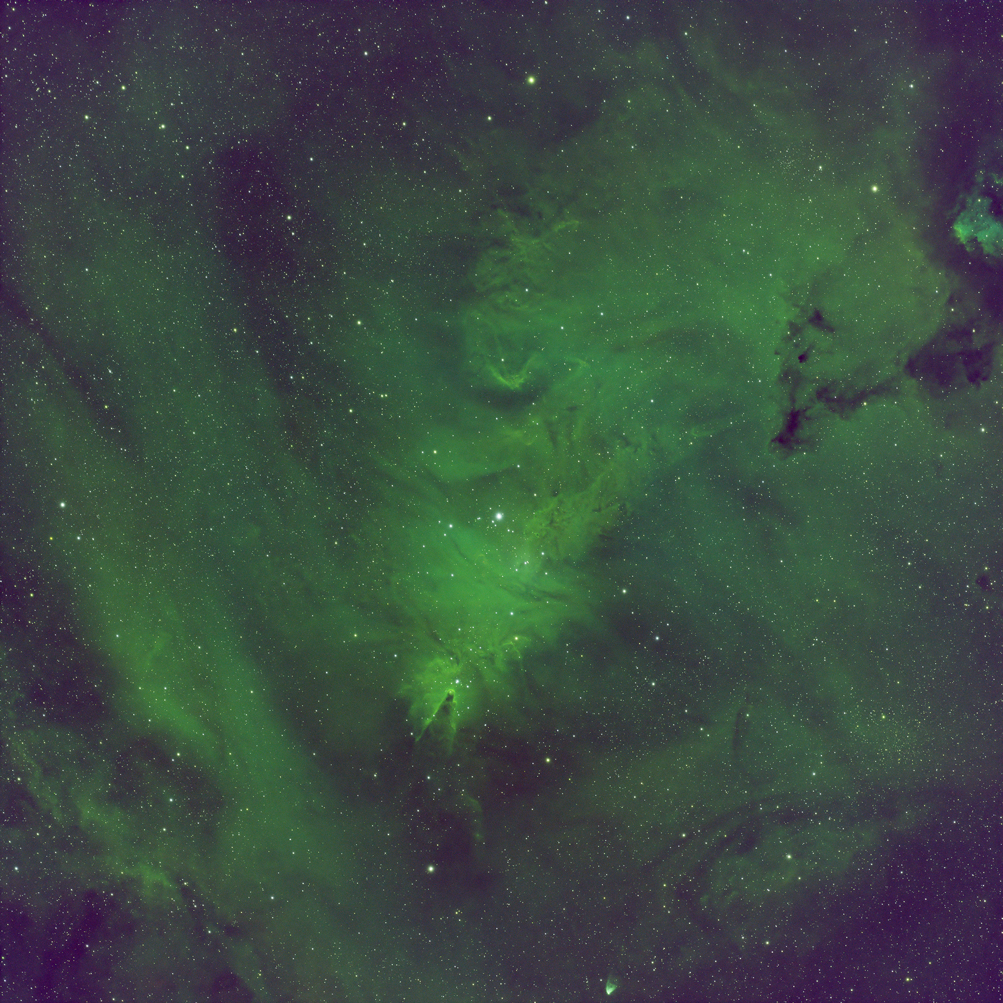 The SHO image directly after combining it via channel combination. I use a method called Modified SCNR from James Lamb to remove it.