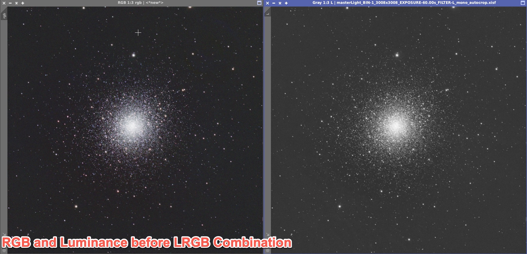 Messier 92 RGB and luminance images before doing the Pixinsight process LRGB Combination.